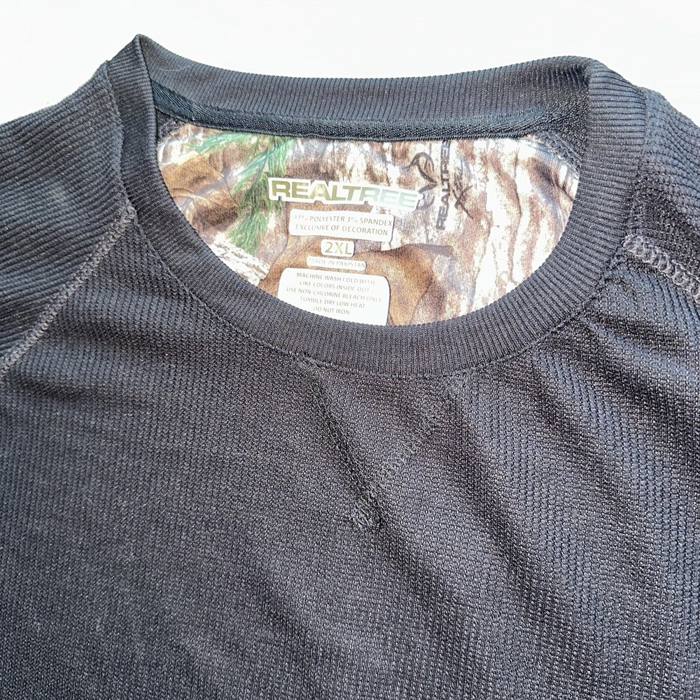 Realtree Shirt Mens 2XL Charcoal Black Waffle Knit Thermal Long Sleeve Spandex